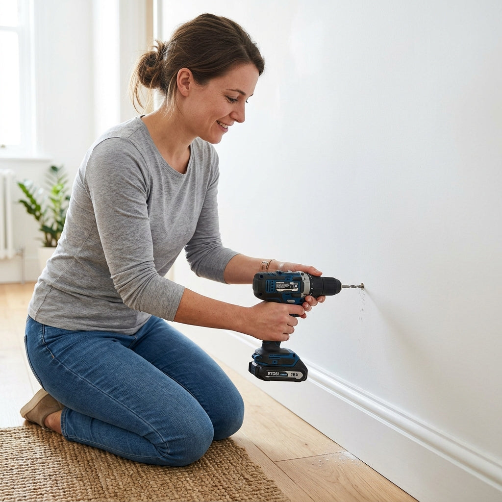 Person mounting a wall bracket for a floating desk