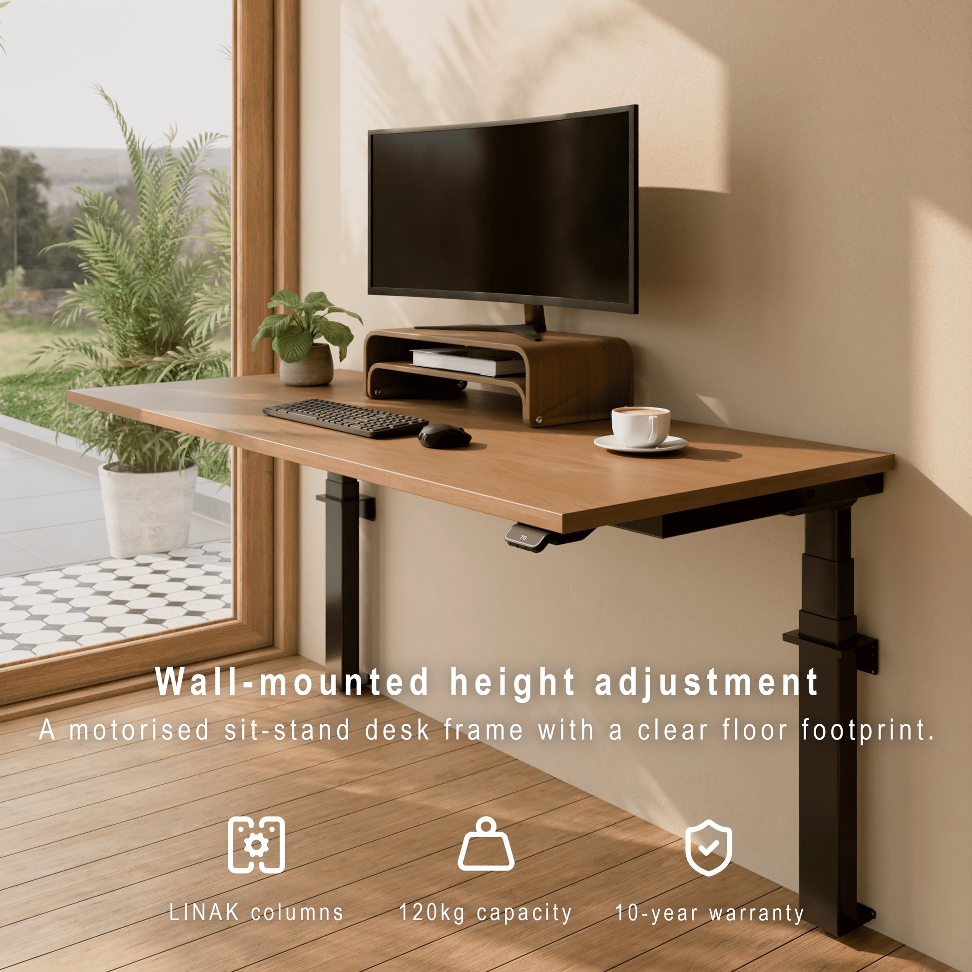 Wall-mounted height adjustable desk with LINAK columns, oak desktop and clear floor space in a home office