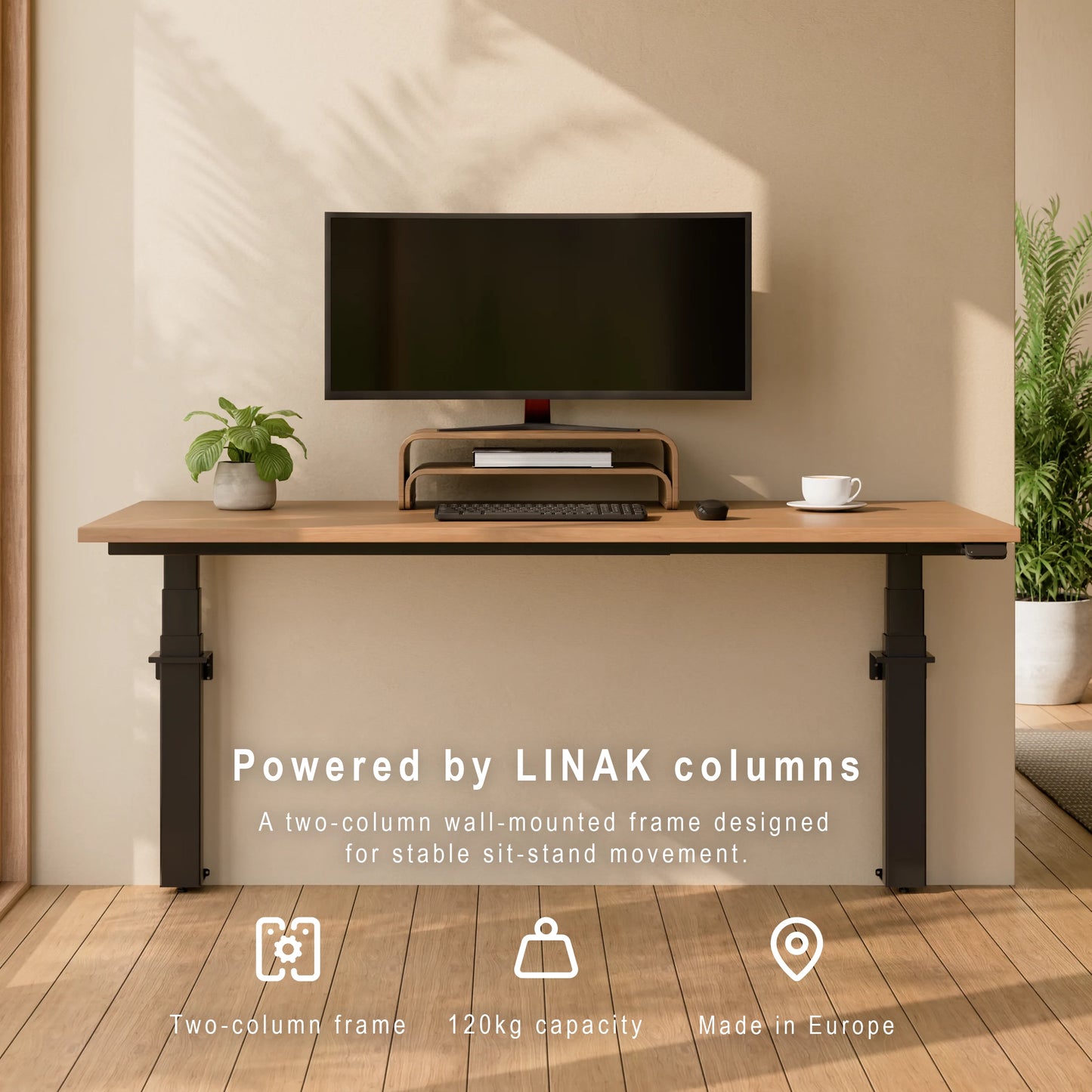 Front view of a wall-mounted height adjustable desk powered by LINAK columns with oak desktop and monitor