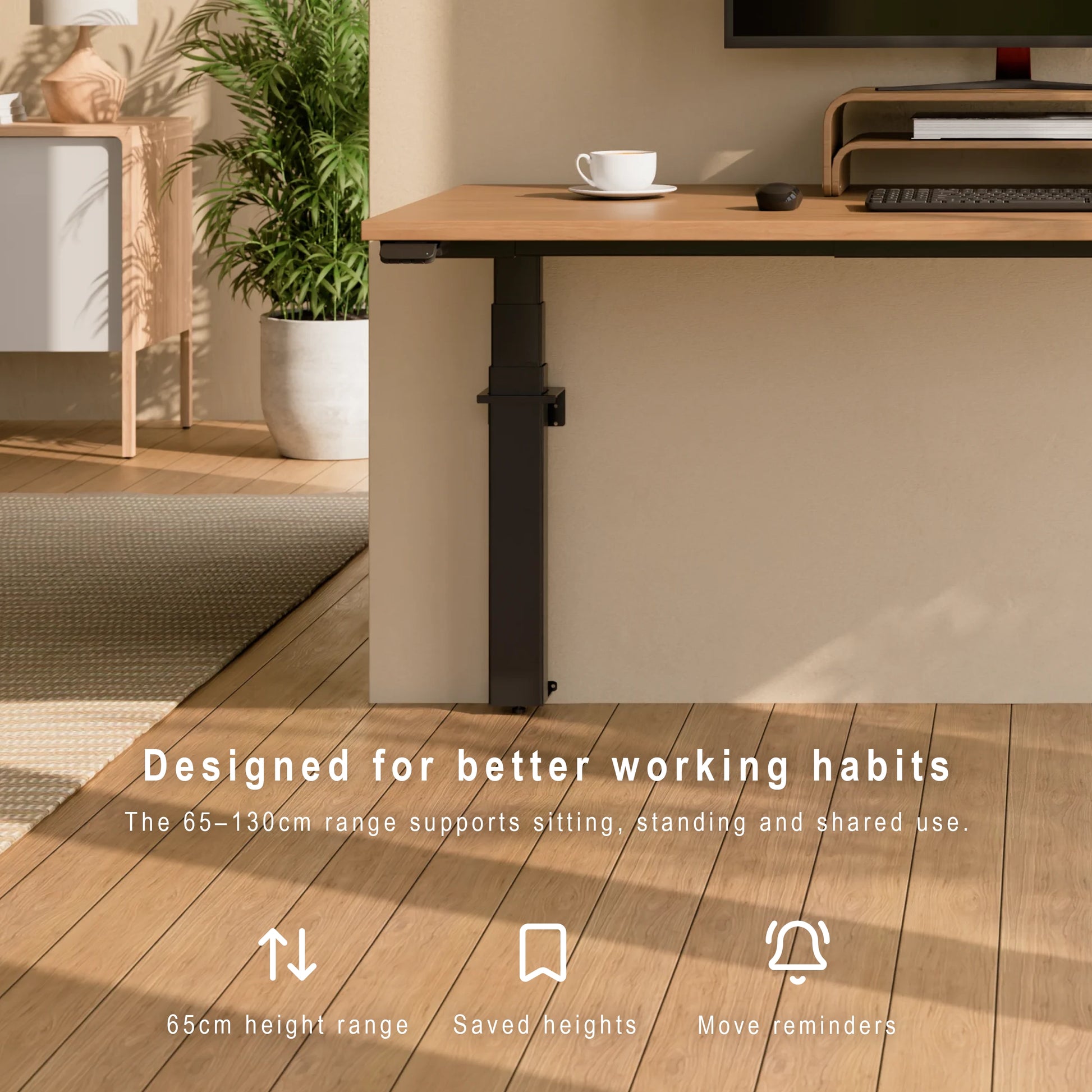 Large wall-mounted height adjustable desk supporting wide desktops, deep workstations and 120kg maximum load. Wooden desk with a cup and plant in a home office setting, featuring text about adjustable height range.