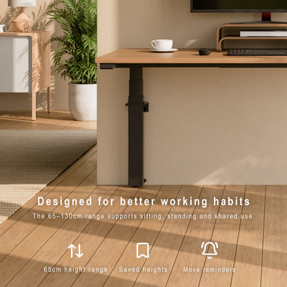 Large wall-mounted height adjustable desk supporting wide desktops, deep workstations and 120kg maximum load. Wooden desk with a cup and plant in a home office setting, featuring text about adjustable height range.