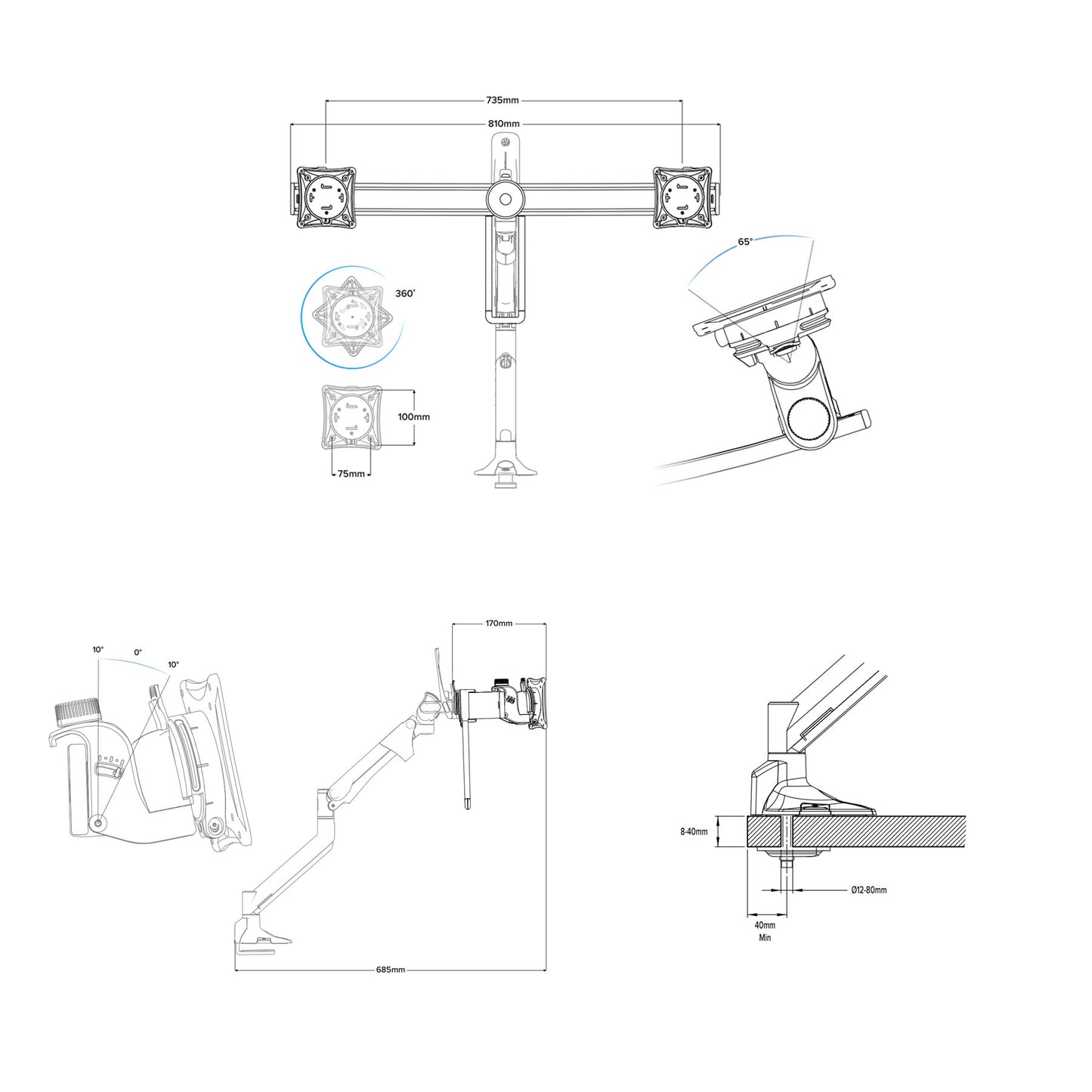 Levo Monitor Arm, Dual Screens, Quick Release, Black - Metalicon