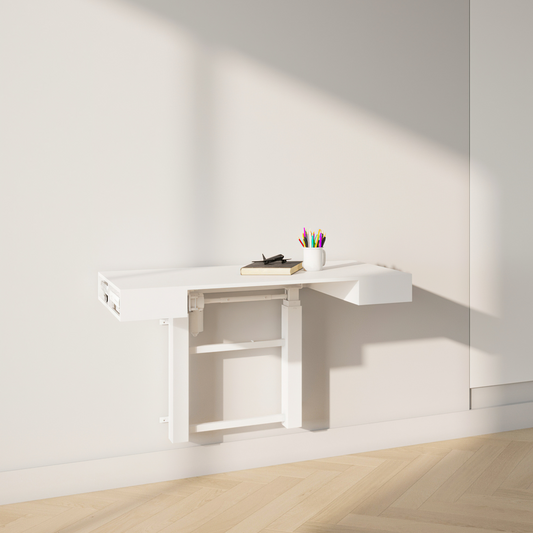 ConSet WALL Fold folding height-adjustable wall desk deployed in home office