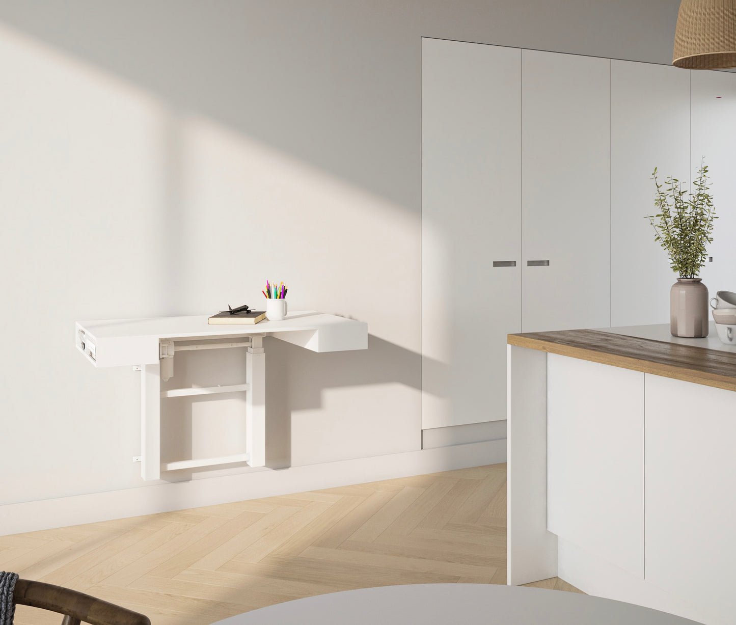 Folding wall desk in bedroom — ConSet WALL Fold folded flat against wall
