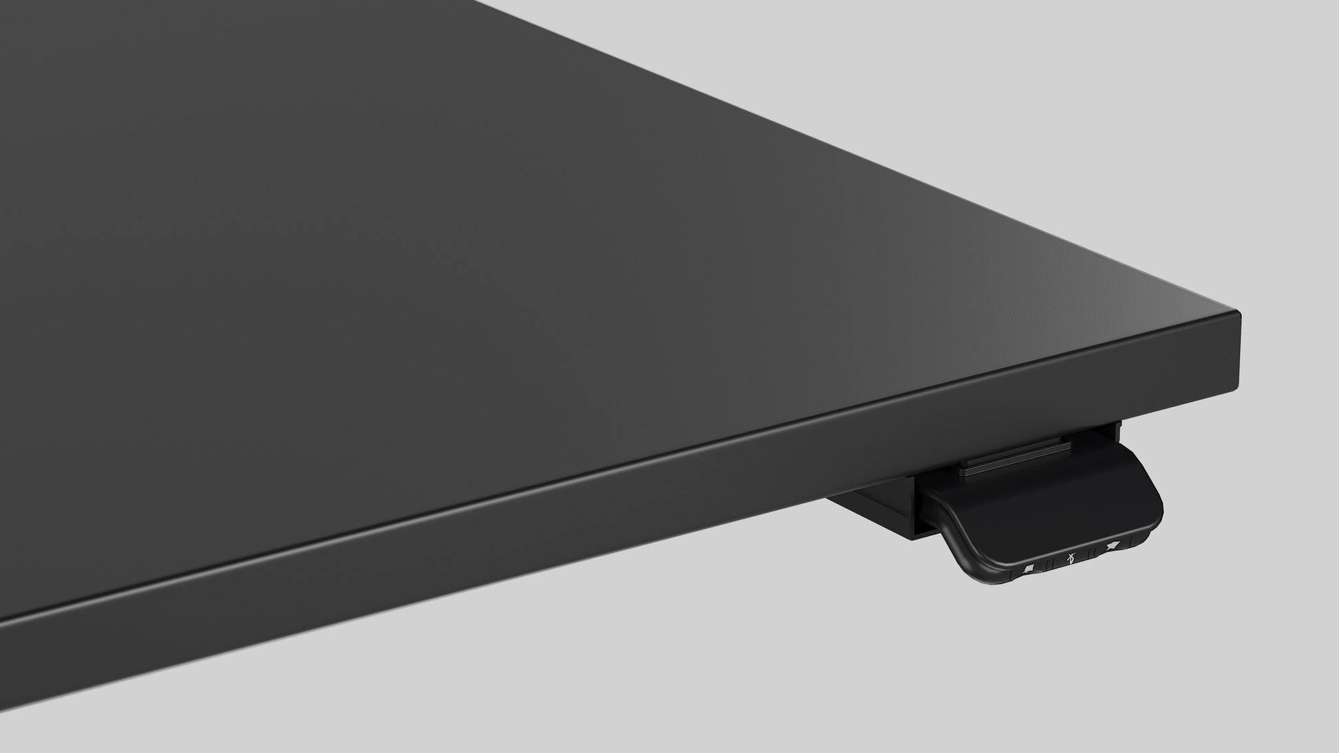 Close up of a LINAK DGG1C controller on LINAK Wall Solo height adjustable desk with black top, angled view