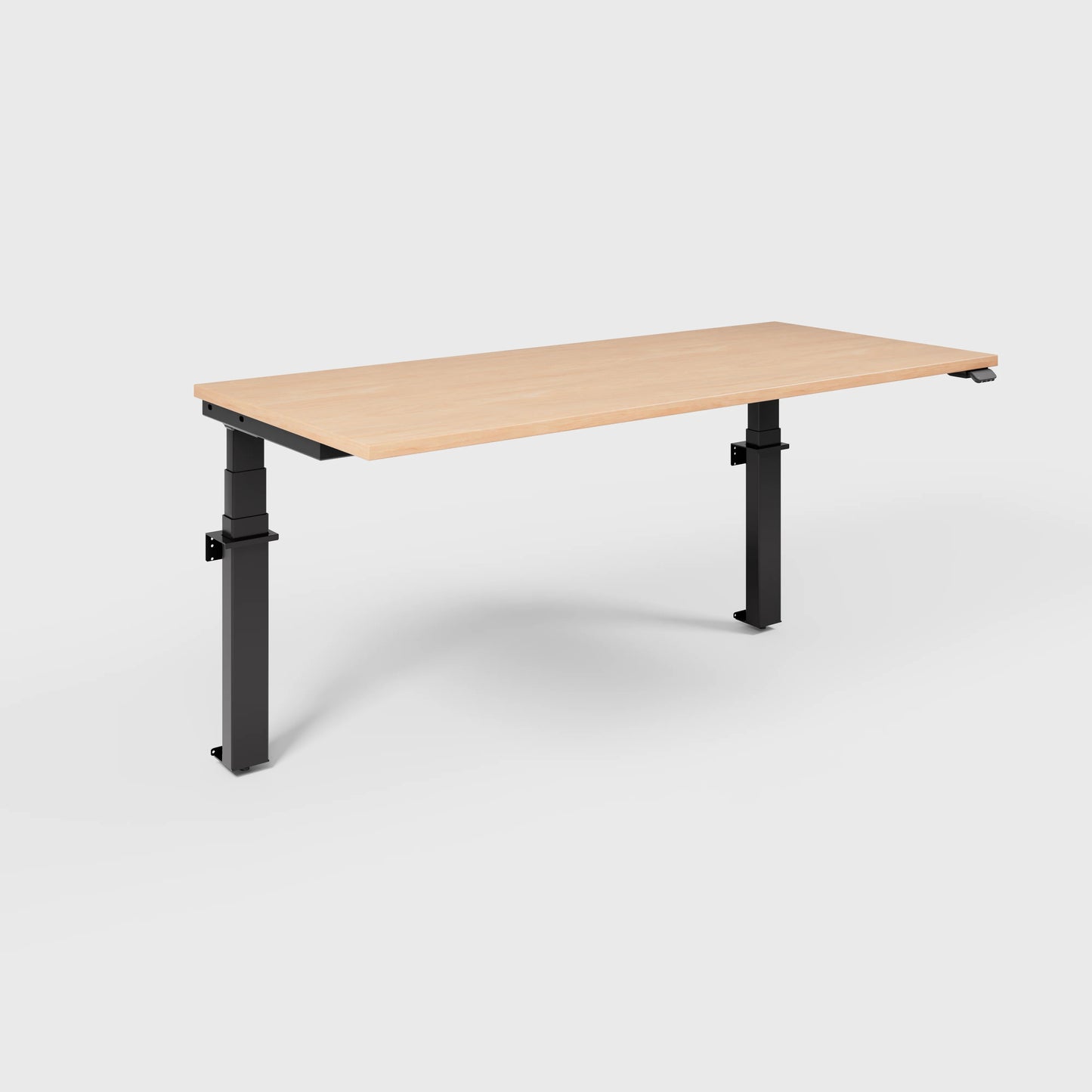 Angled product render of the Linak wall adjustable desk with wood desktop on a white background
