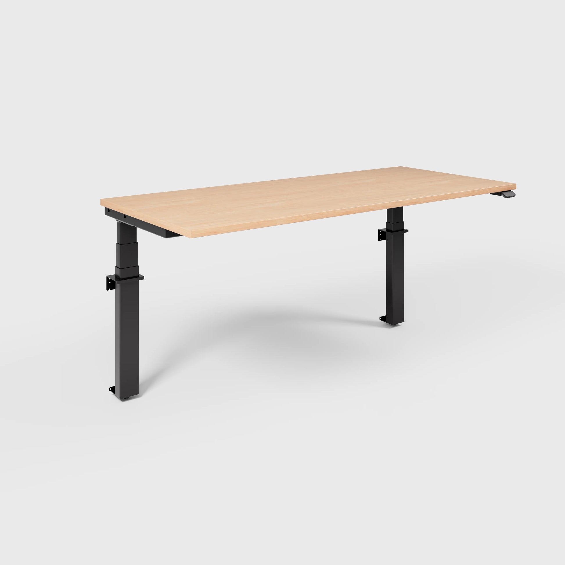 Angled product render of the Linak wall adjustable desk with wood desktop on a white background
