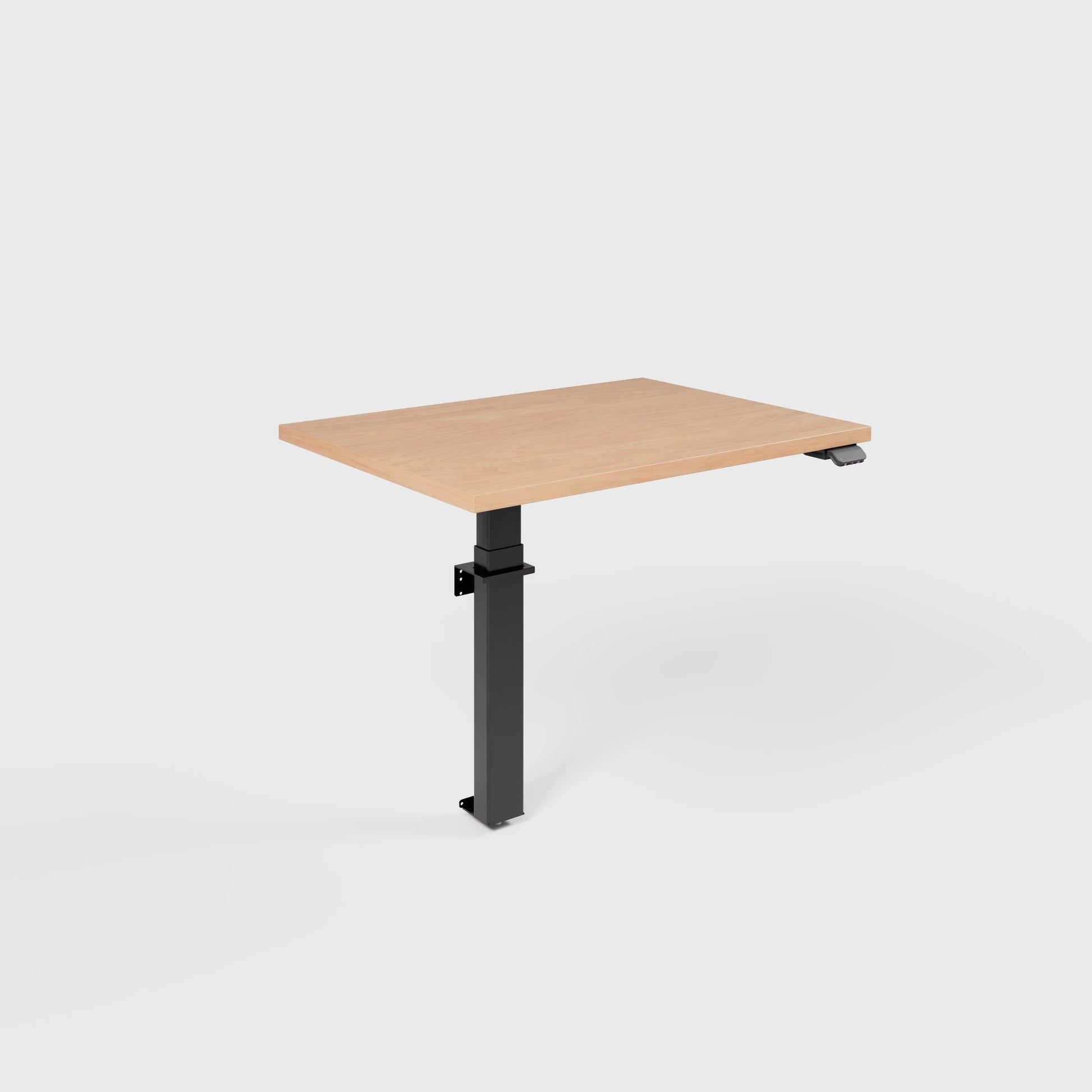 Angled product render of the Linak Wall Solo adjustable desk with wood desktop on a white background